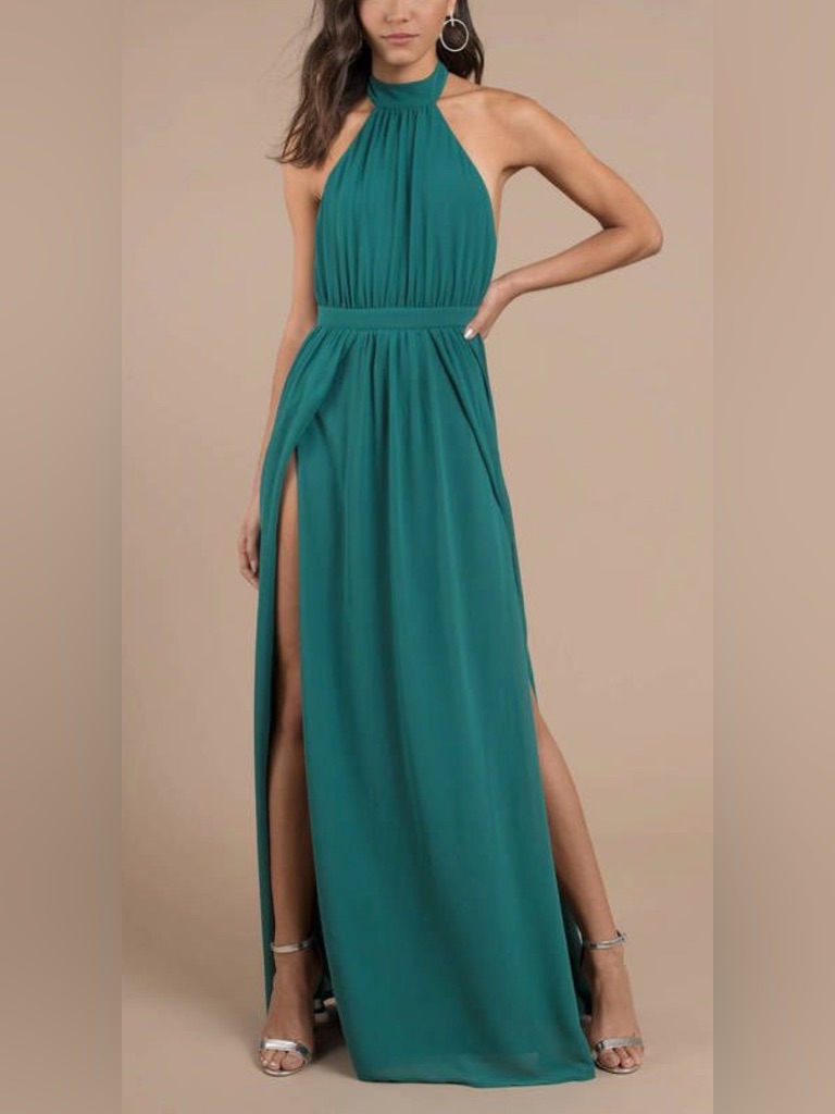 Nwt Tobi Teal Pleated Halter Backless Maxi Gown W. Double Front Slit Size S